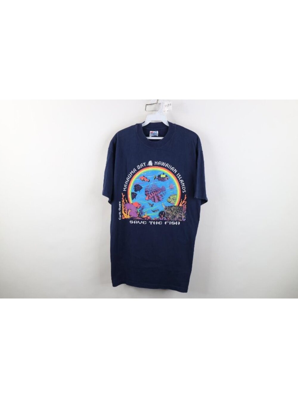 Vintage 80s 90s Hawaiian Islands Save the Fish T-Shirt Mens Size L Blue Faded